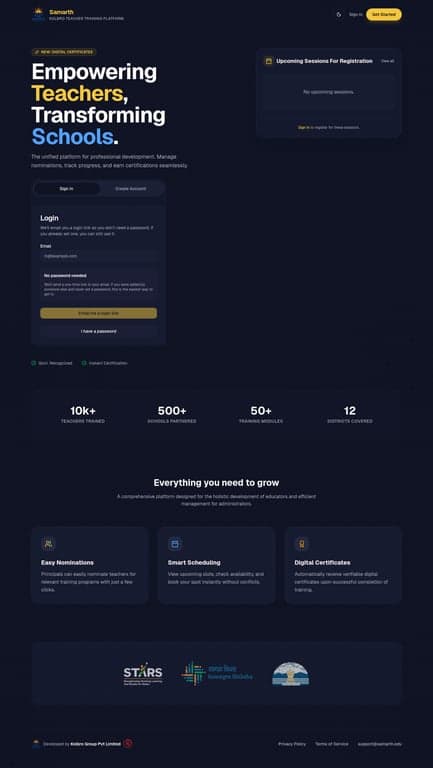 Samarth training platform homepage with teacher development and training workflow interface.