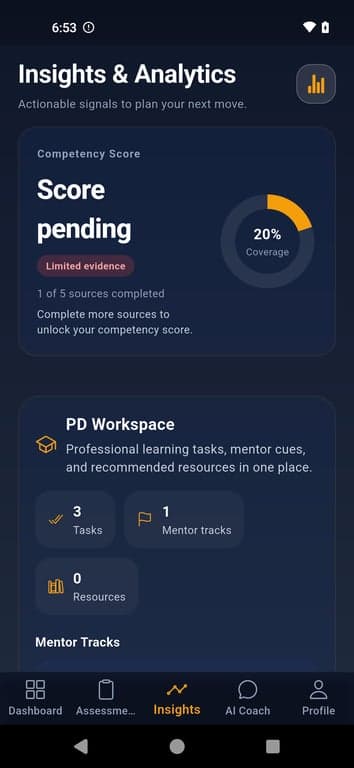 Saarthi mobile insights screen showing competency score coverage and PD workspace.